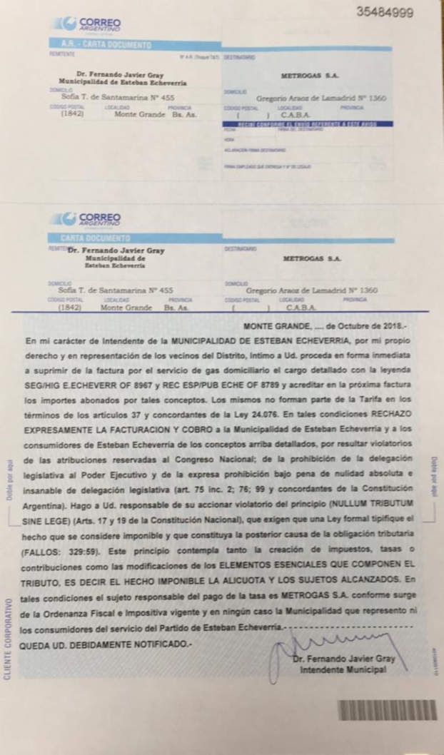 EE FERNANDO GRAY INTIMÓ A METROGAS A ELIMINAR EL COBRO DE LAS TASAS MUNICIPALES QUE ABONAN LOS VECINOS DE ECHEVERRÍA